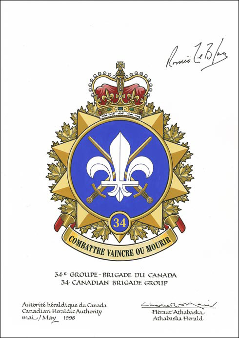Lettres patentes approuvant l’insigne du 34e Groupe-Brigade du Canada