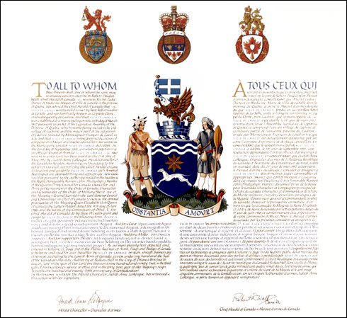 Letters patent granting heraldic emblems to the Ville de Lasalle