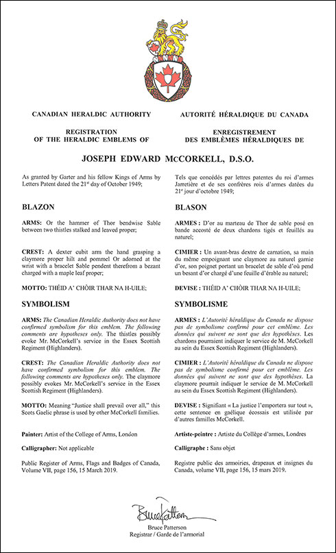Letters patent registering the heraldic emblems of Joseph Edward McCorkell