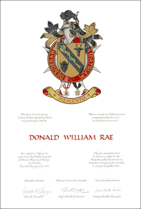 Lettres patentes concédant un cimier à Donald William Rae