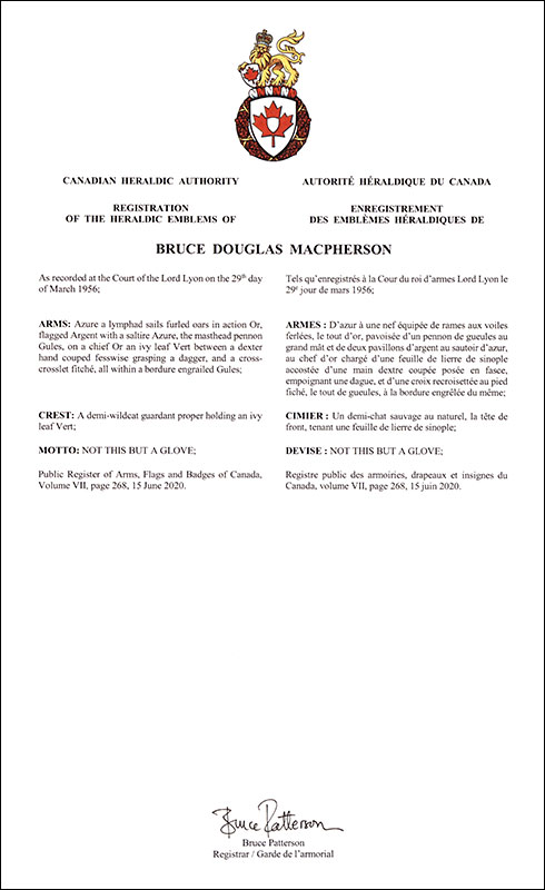 Letters patent registering the heraldic emblems of Bruce Douglas Macpherson