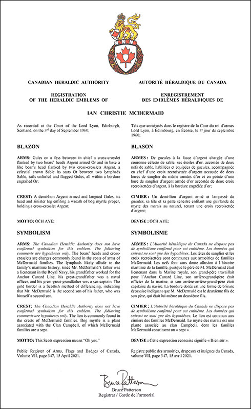 Letters patent registering the heraldic emblems of Ian Christie McDermaid