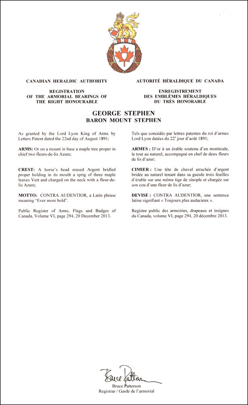 Lettres patentes enregistrant les emblèmes héraldiques de George Stephen