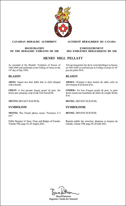 Letters patent registering the heraldic emblems of Henry Mill Pellatt