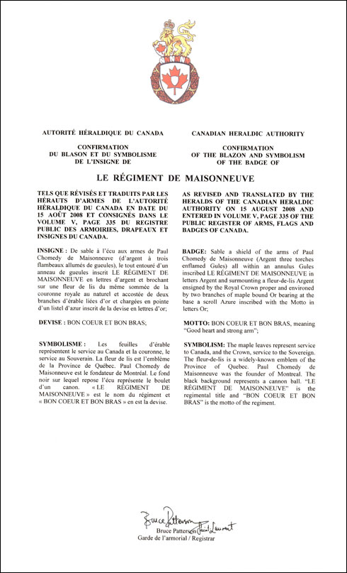 Letters patent confirming the blazon of the Badge of Le Régiment de Maisonneuve