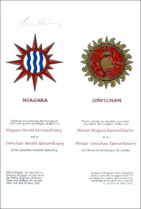 Vice Regal Warrant granting a Badge of Office to Niagara Herald Extraordinary