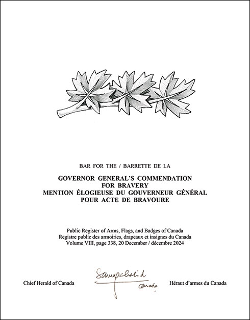 Lettres patentes enregistrant la barrette de la Mention élogieuse du gouverneur général pour acte de bravoure