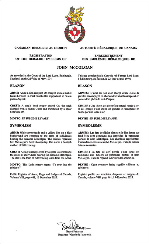 Lettres patentes enregistrant les emblèmes héraldiques de John McColgan