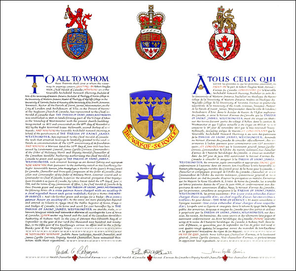 Lettres patentes concédant des emblèmes héraldiques à la Parish of Saint James