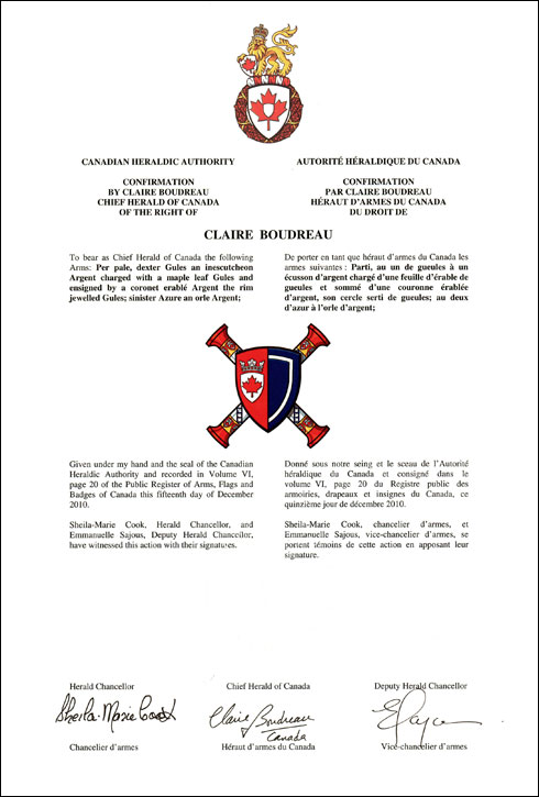 Lettres patentes confirmant les armoiries parties d’office de Claire Boudreau en tant que Héraut d'armes du Canada