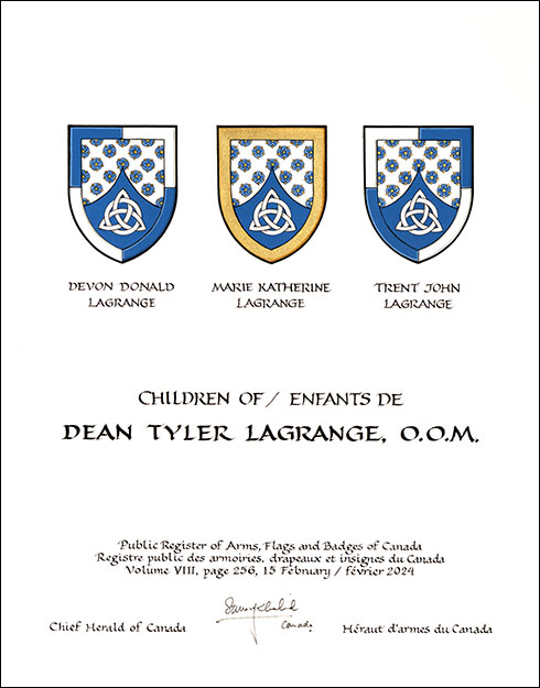 Lettres patentes concédant des emblèmes héraldiques à Dean Tyler LaGrange