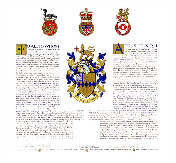 Lettres patentes concédant des emblèmes héraldiques à Anne Pennington Mayer