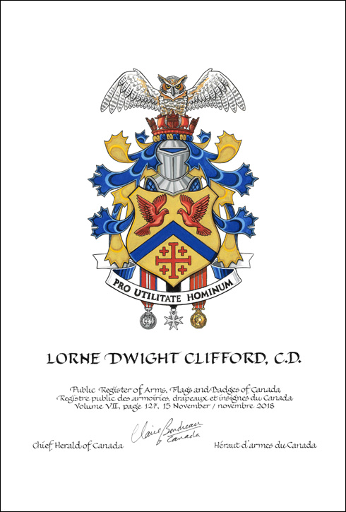Letters patent granting heraldic emblems to Lorne Dwight Clifford