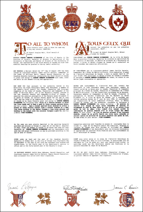 Letters patent granting heraldic emblems to Gordon Cameron Richardson