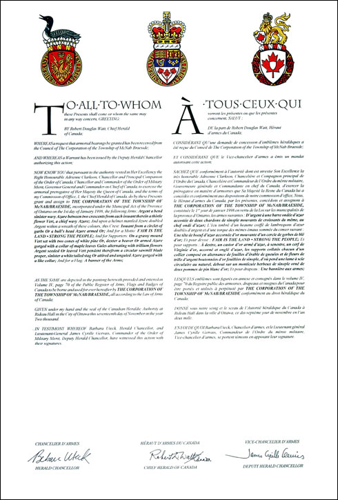 Letters patent granting heraldic emblems to The Corporation of the Township of McNab/Braeside