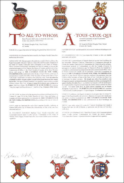Letters patent devising heraldic emblems to The Canadian Club of New York, Incorporated