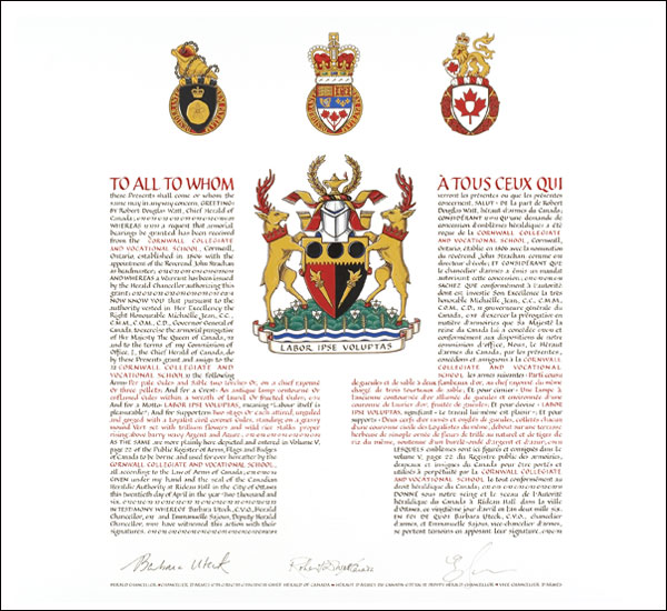 Lettres patentes concédant des emblèmes héraldiques à la Cornwall Collegiate and Vocational School