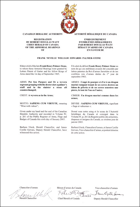 Letters patent registering heraldic emblems to Frank Neville William Edwards Palmer-Stone