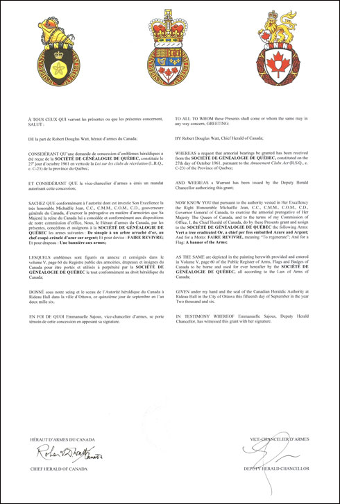 Lettres patentes concédant des emblèmes héraldiques à la Société de généalogie de Québec