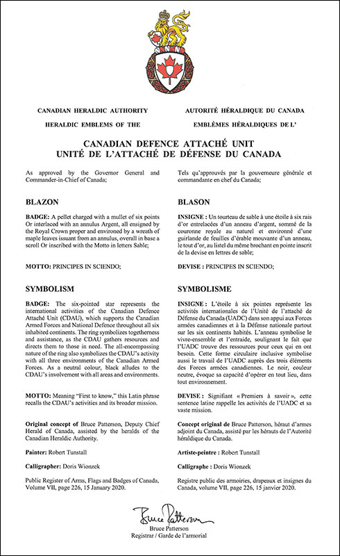 Lettres patentes approuvant les emblèmes héraldiques de l'Unité de l’attaché de Défense Canada