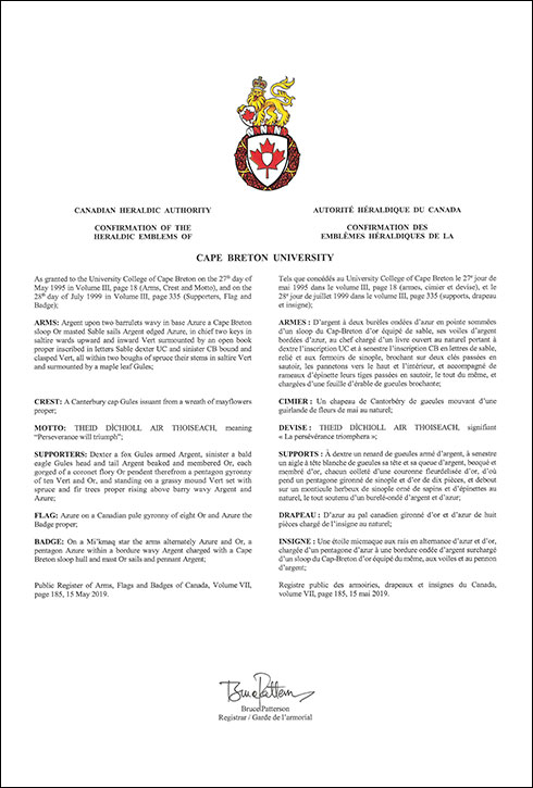 Letters patent confirming the heraldic emblems of Cape Breton University