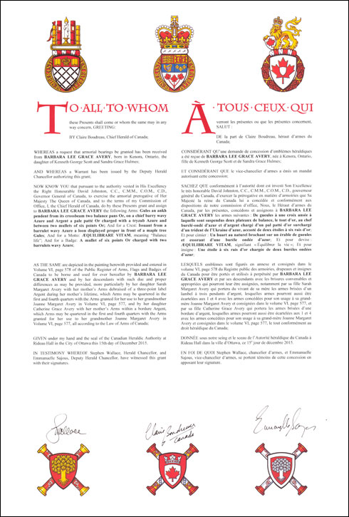 Letters patent granting heraldic emblems to Barbara Lee Grace Avery
