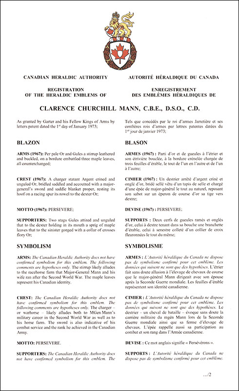 Lettres patentes enregistrant les emblèmes héraldiques de Clarence Churchill Mann