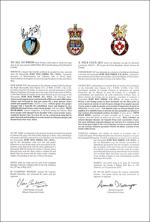Letters patent granting heraldic emblems to Judy May Foote