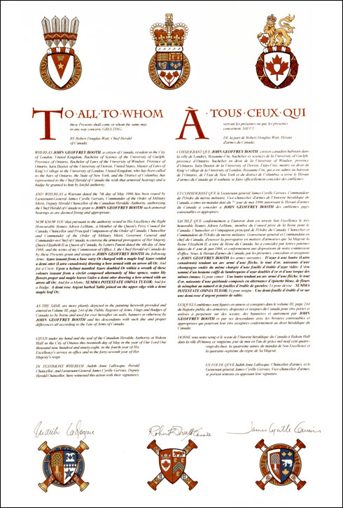Letters patent granting heraldic emblems to John Geoffrey Booth