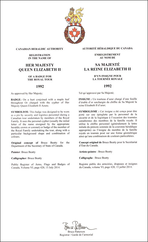 Lettres patentes enregistrant les emblèmes héraldiques de la reine Elizabeth II
