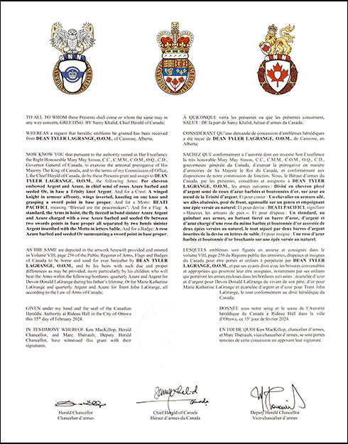 Lettres patentes concédant des emblèmes héraldiques à Dean Tyler LaGrange