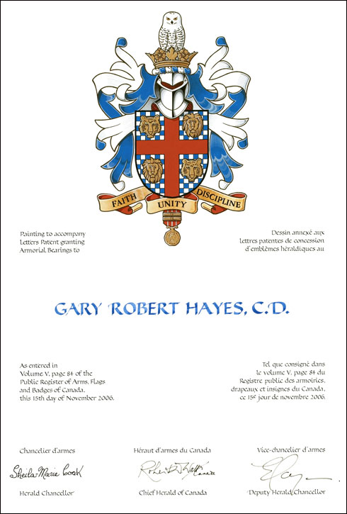 Lettres patentes concédant des emblèmes héraldiques à Gary Robert Hayes