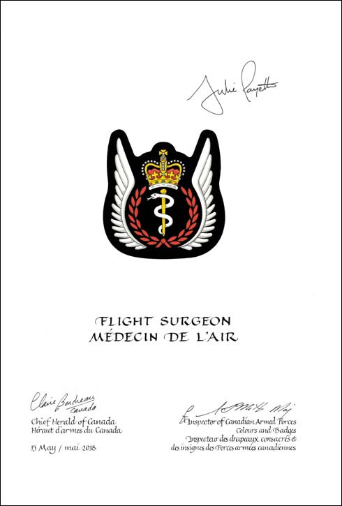 Letters patent approving the heraldic emblems of a Flight Surgeon of the Canadian Armed Forces