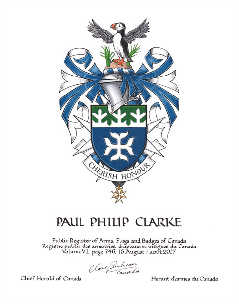 Lettres patentes concédant des emblèmes héraldiques à Paul Philip Clarke
