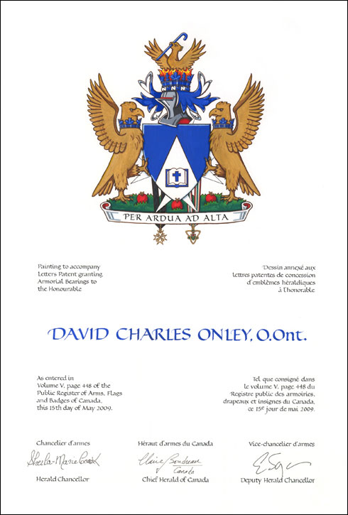 Letters patent granting heraldic emblems to David Charles Onley