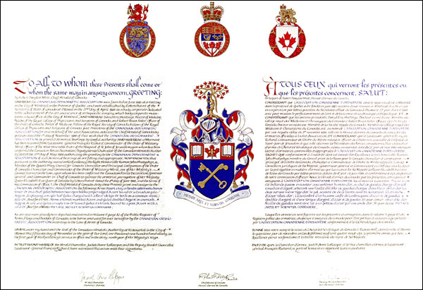 Letters patent granting heraldic emblems to the Canadian Orthopaedic Association