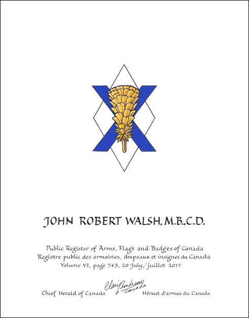 Lettres patentes concédant des emblèmes héraldiques à John Robert Walsh