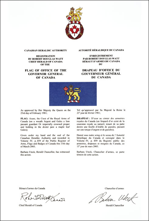 Lettres patentes enregistrant le drapeau d'office du Gouverneur général du Canada