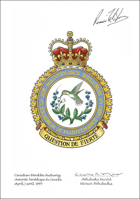 Lettres patentes approuvant l’insigne du 3e Escadron de maintenance (Air)
