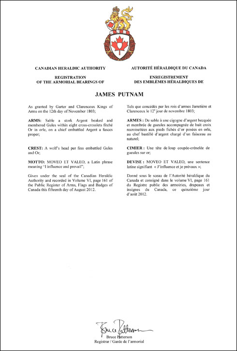 Letters patent registering the heraldic emblems of James Putnam