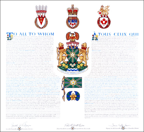 Lettres patentes concédant des emblèmes héraldiques à la City of Abbotsford