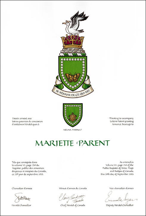 Letters patent granting heraldic emblems to Mariette Parent