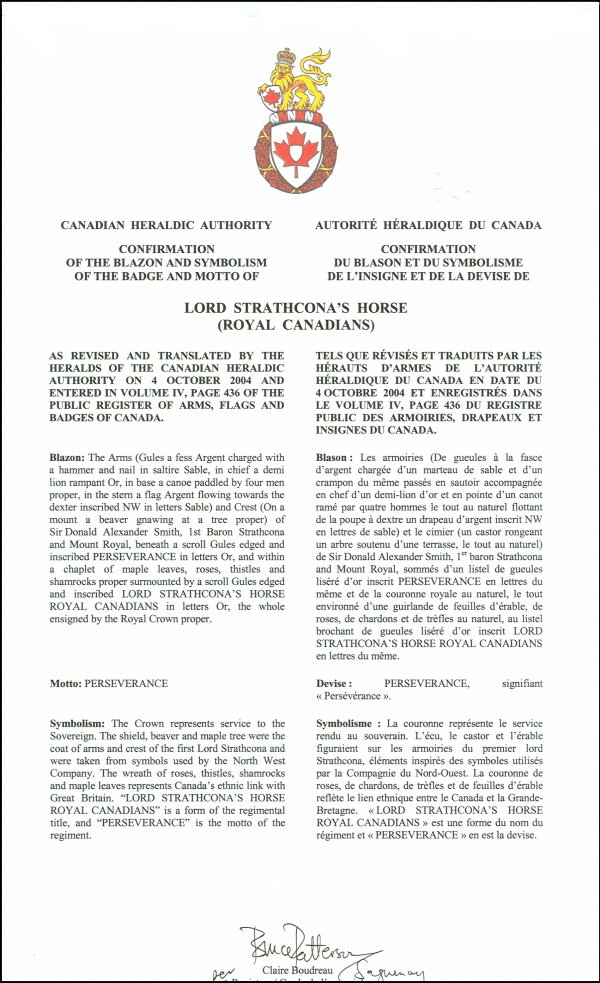 Letters patent confirming the blazon of the Badge of Lord Strathacona's Horse (Royal Canadians)