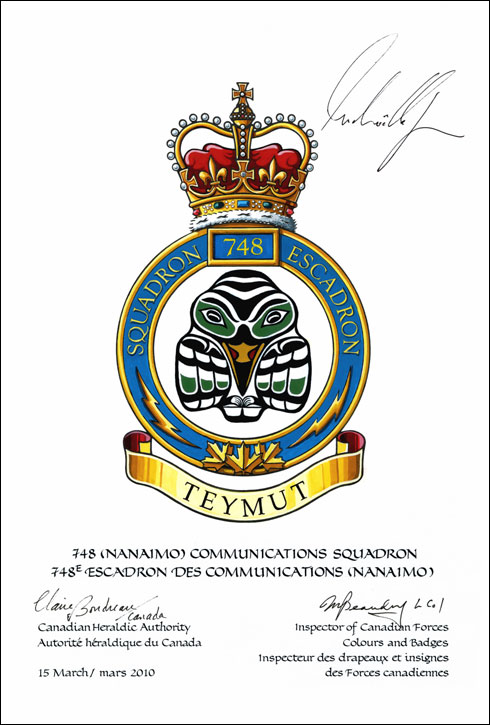 Letters patent confirming the blazon of the Badge of the 748 (Nanaimo) Communication Squadron