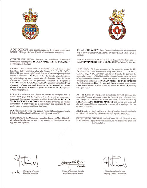 Letters patent granting heraldic emblems to Sylvain Marc Richard Margot