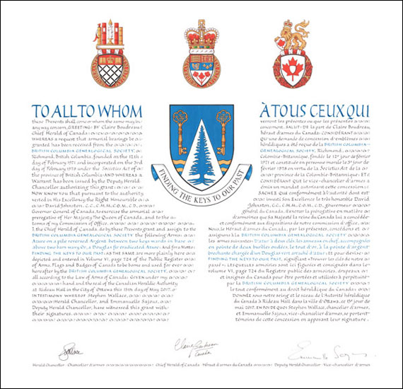 Lettres patentes concédant des emblèmes héraldiques à la British Columbia Genealogical Society