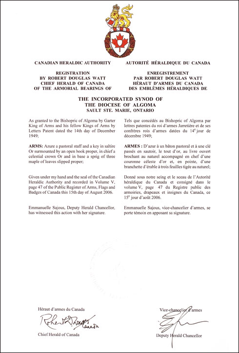 Lettres patentes enregistrant les emblèmes héraldiques de The Incorporated Synod of the Diocese of Algoma