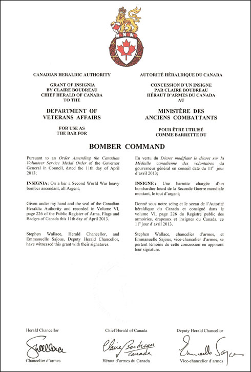 Lettres patentes concédant un insigne au Ministère des anciens combattants pour être utilisé comme barrette du Bomber Command