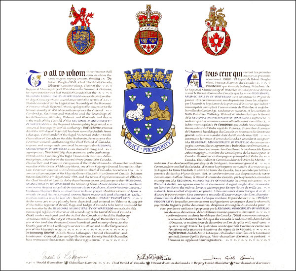 Letters patent granting heraldic emblems to the Regional Municipality of Waterloo