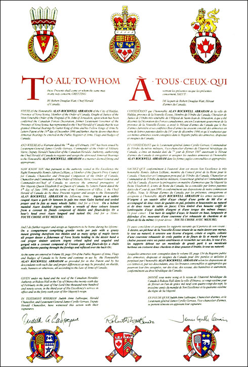 Letters patent registering the heraldic emblems of Alan Rockwell Abraham